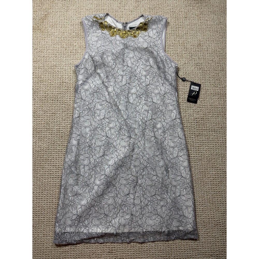 Adrianna Papell‎ Shift Dress Womens 12 Dove Lace Lined Embellished Party Casual
